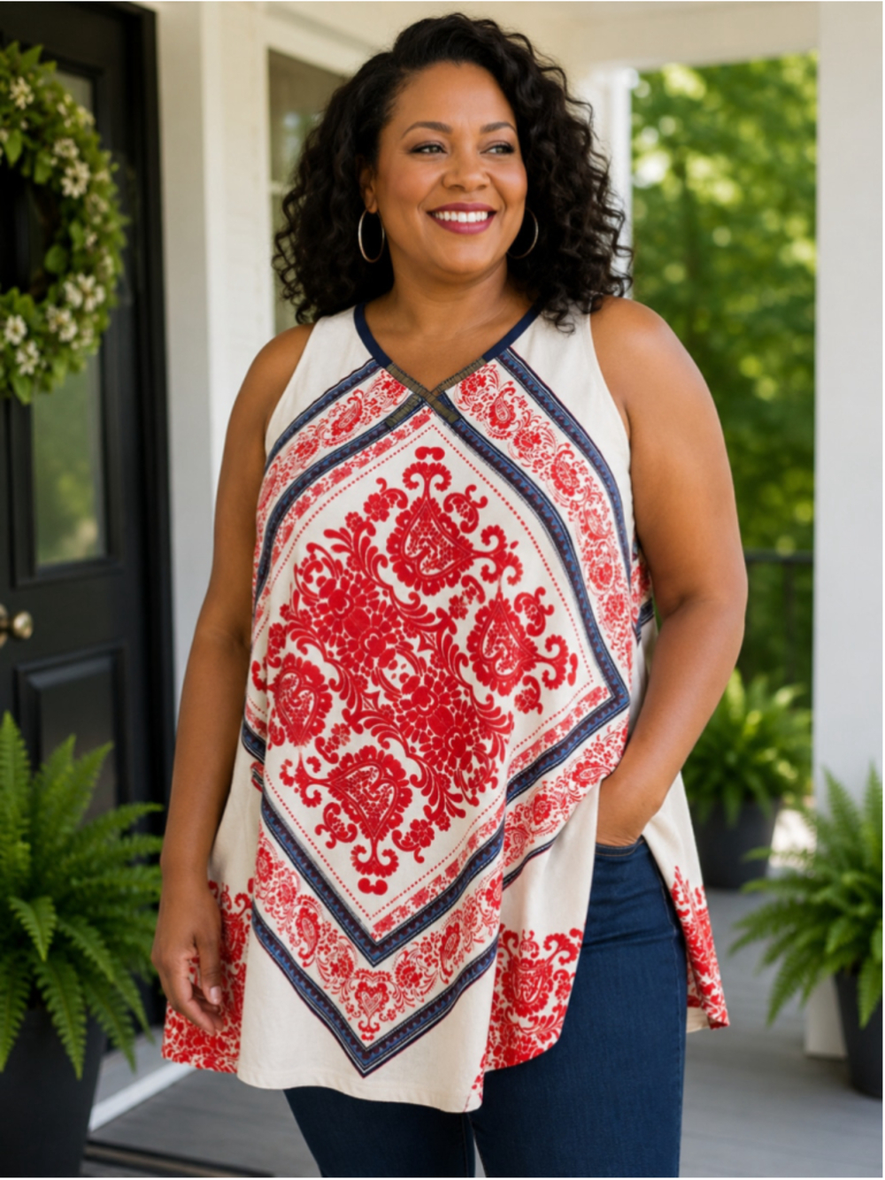 Style & Co. Tank Top White Red Paisley Women’s Size XL
